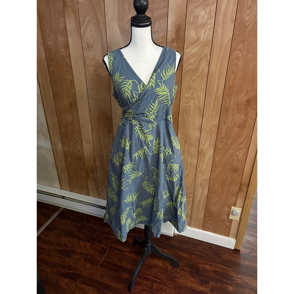 Mata Traders Blue Green Tropical Leaf Print Faux Wrap Midi Dress Pockets Large